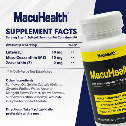 Macuhealth Triple Carotenoid Formula - Eye Vitamins for Adults, 90 Softgels 90-Day Supply, Lutein, Zeaxanthin & Meso-Zeaxanthin, Micro-Micelle Technology, Eye Health Support